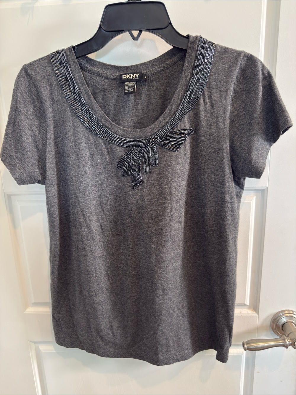 DKNY Charcoal Gray Short Sleeve Scoop Neck Tee with Beaded Bow
